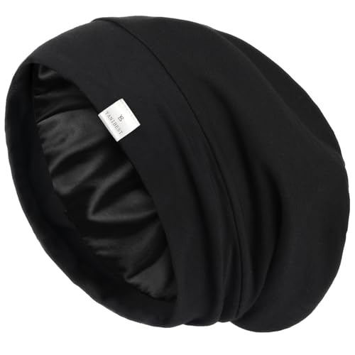YANIBEST Hair Cover Bonnet Satin Sleep Cap - Adjustable Stay on Silk Lined Slouchy Beanie for Night Sleeping Surgical Hats Pure Black