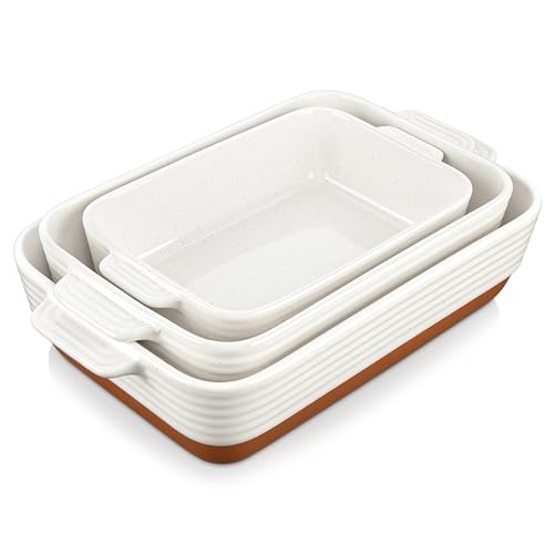 MALACASA Casserole Dishes for Oven, Ceramic Baking Dishes Set of 3, Baking Pan Casserole Dish Set, Rectangular Lasagna Pan Deep with Handles for Baking, Khaki White (14.5”/13”/10.5”), Series TARA