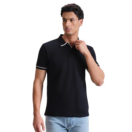 Image of XYXX Men's Solid Cotton T-Shirt | Mercerized Pique Polo Collor Tshirts | Half Sleeves | Solid-Slim Fit | Pitch Black