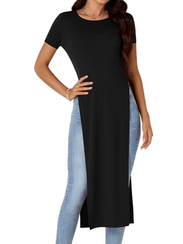 OPOIPIN Women's Crew Neck Split Slit Hem Short Sleeve Slim Fit Tee Top Long Shirt Tunic2