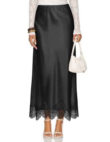 maxi skirts satin lace patchwork - black