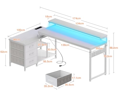 Scrivania Angolare con Cassetti, 174x100cm Scrivania Gaming a L con LED e Porta USB e Presa di Corrente, Scrivania per Ufficio con Ripiano, Scrivania ad Angolo per Computer, Bianca - Sedia gaming - Immagine 2