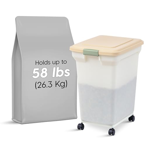 IRIS USA Dog Food Storage Container 58 lbs, Attachable Wheels, for Dog Cat Birds and other Pets, Food Storage Bin, Keep Fresh, Easy Mobility, BPA Free - Made in the USA, Almond/Pearl by IRIS USA - Image 2
