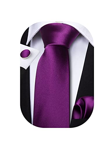 Image of Barry.Wang Plain Men Silk Ties Extra Long Satin Necktie for Wedding Business Handkerchief Cufflinks Set Solid Colors