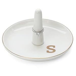 HOME SMILE Initials Ring Holder Jewery Tray with personalized S-Monogrammed Engagement Gifts for Friends,Birthday Mother’s Day Christmas Gifts for Women,Ceramic White