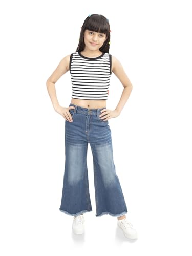 Image of olele Girls Super Jeans Collection for 4-14 Yrs | Stretchable Cotton Denim Trousers | Blue Jeans for Kids | Baggy Denim Pants | Cargo Pants for Girls