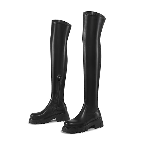Women Thick sole Round toe Black Side Zippers Thigh High Boots Ladies Solid Elastic Over Knee High Boots3