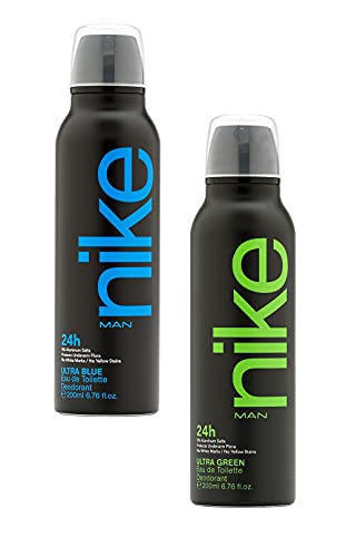 Nike Men Ultra Blue & Ultra Green Deodorant Spray (Pack of 2) - 200ml Each | 24H Freshness | No White Marks or Yellow Stains | Skin-Friendly Deo| 0% Aluminum Salts