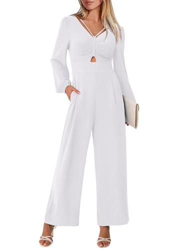 ANRABESS Womens Jumpsuits Dressy Long Sleeve Wide Leg V Neck Pants Rompers 2025 Fall Formal One Piece Wedding Guest Outfits White Medium