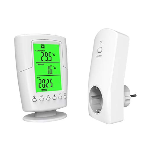 Preisvergleich Produktbild Hergon Intelligent Temperaturregler Socket, Programmable Wireless Thermostat Sockel zur Steuerung von Heizung oder Kühlung mit Fernbedienung + LCD-Hintergrundbeleuchtung EU-Stecker