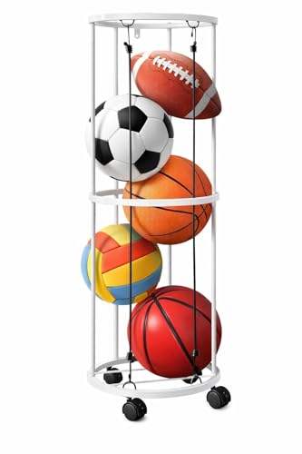 Image of 57265 Space Saving Classic Vertical Ball Racks- 40x13.2 Inch Rolling Basketball Holder Wall Mount-Garage Sports Ball Storage for Indoor Rooms and Gyms - White