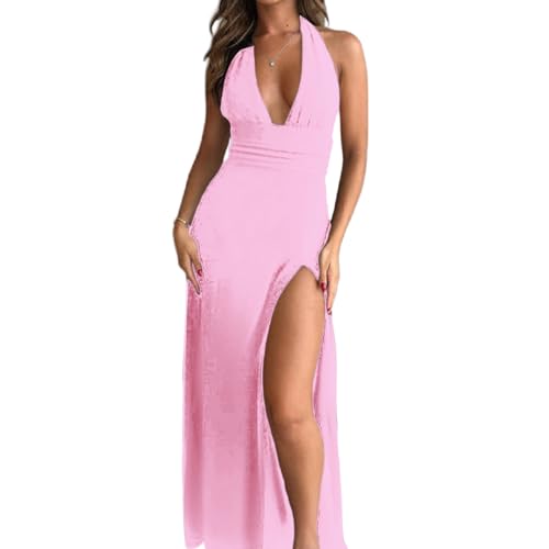 Image of ANKOMINA Women's Sexy V Neck Halter Backless Maxi Dress Ruched High Split Long Bodycon Dresses for Party Cocktail Evening