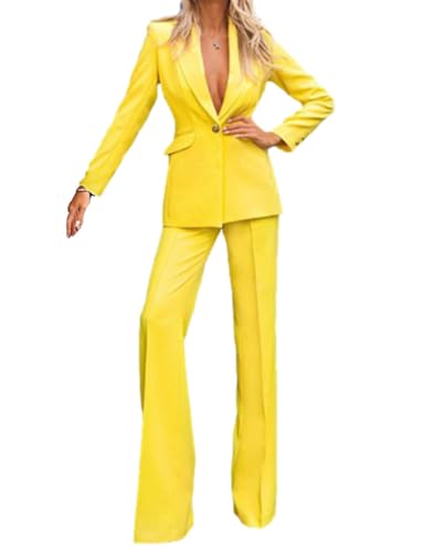 Women's Sexy Suit 2 Pieces Business Casual Jacket One Button Wide Leg Pants Dressy Tuxedos Set