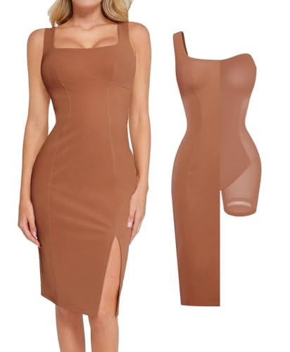 Image of Popilush Leather Dress with Built in Shapewear Square Neck Slit Midi Dresses Faux Leather Concert Club Outfits