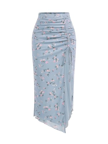 Verdusa Women's Floral High Waist Side Slit Maxi Skirt Mesh Drawstring Bodycon Ruffle Hem Long Skirt Blue Medium