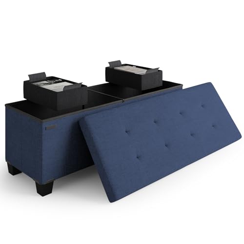 Storage Ottoman Bench with Bins, 43-in Storage Bench for Bedroom End of Bed, Folding Foot Rest Ottoman for Living Room Max 660lbs, Fabric Ottomans, Blue