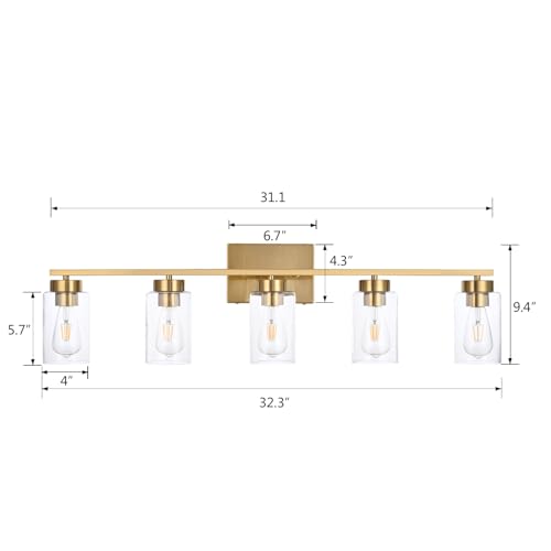 A1A9 5 Light Bathroom Vanity Light Fixtures, Brushed Brass Modern Wall Lights with Clear Glass Shade, Vintage Wall Sconce Lighting for Living Room, Mirror, Bedroom, Hallway (Gold, 5-Lights) by A1A9 - Used condition - Image 3