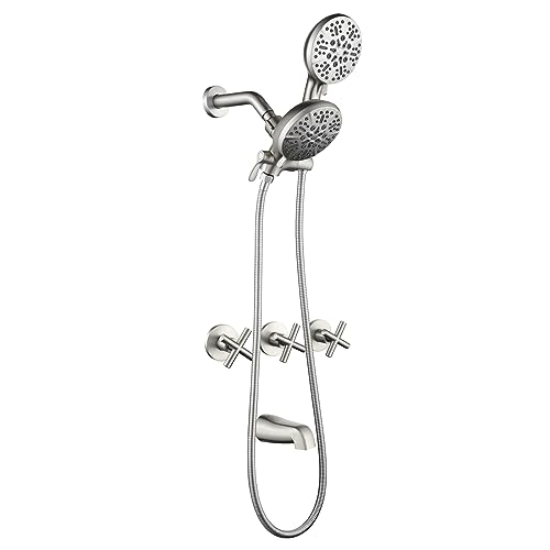 Image of 3 Handle Shower Faucet Set with Tub Spout Bathtub Shower Faucets Combo Set Shower System Complete Tub and Shower Trim Kit Brushed Nickel