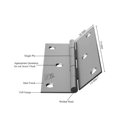 Image of Atlantic Window Door Hinges 3 Inch x 16 Gauge /1.7 MM Thickness, Premium Stainless Steel Welded Head, Matt Finish, Pack of 12 Pcs