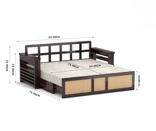 Image of Solid Sheesham Wood Sofa Cum Bed with Cane Rattan Design | Convertible Sofa Bed for Living Room & Bedroom (Walnut Finish)