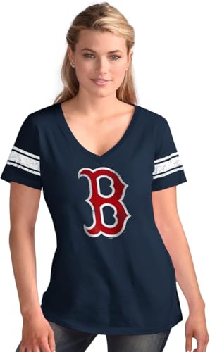 G-III Sports MLB Women's Ballpark Distressed V-Neck T-Shirt (US, Alpha, Medium, Regular, Regular, Boston Red Sox - Navy (Primary Logo))