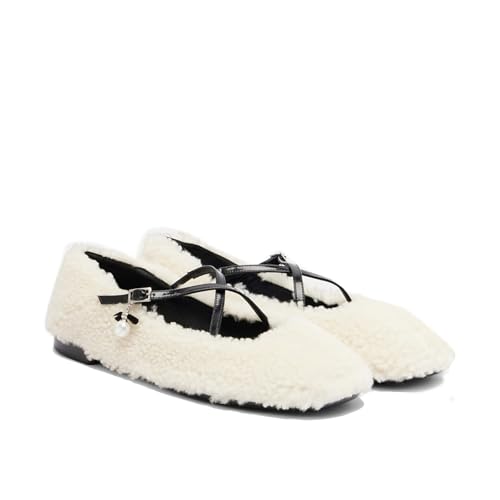 Women's Shearling Ballet Flats Winter Comfortable Slippers with X-Strap Buckle Round Toe Mary Jane Shoes