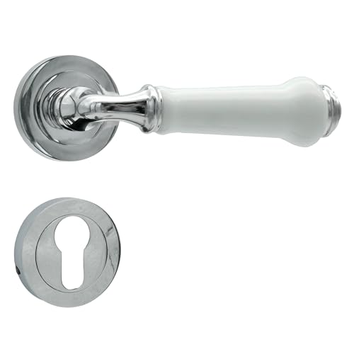 domino Türgriff Drückergarnitur PZ - Profilzylinder Set | Rund-Rosette | Türklinke für Zimmertür, Bürotür, Kellertür & Innentür | Türbeschläge aus Edelstahl mit weißer Keramikeinlage | LUDWIK-R M6
