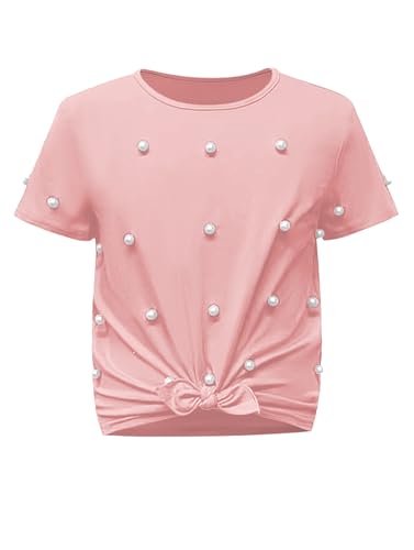 OYOANGLE Girl's Pearl Beaded Short Sleeve Round Neck Knot Hem Shirt Tops Casual Cute Tee Shirt