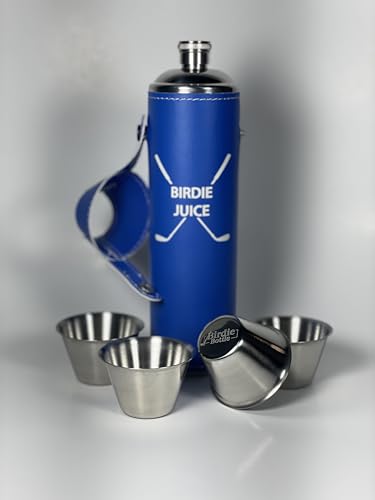 Birdie Juice Engraved Birdie Bottle 12oz Blue Flask with 4 Shot Glasses in Cap Stainless Steel with Waterproof Leather Case Leakproof Great Gift Idea