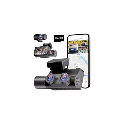 Image of 4K 3 Channel Dash Cam Front Rear Inside, WiFi 6 GPS, 64GB Card | 4K+1080P+1080P, IR Night Vision, 24H Parking Mode, G-Sensor, Loop Recording, Dashcam for Rideshare Taxi Drivers Family