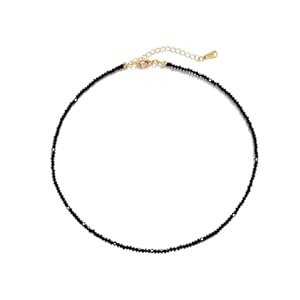 Dainty Black Spinel Beaded Choker Necklace for Women Trendy Natural Shiny 3mm Black Agate Crystal Stone Necklace 18k Gold Plated Chain Adjustable Cute Necklace Jewelry for Teen Girls Gifts