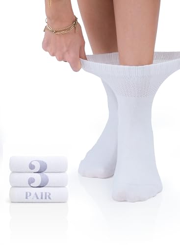 Hugh Ugoli Women's Rayon Ankle Loose Fit Diabetic Socks, Soft, Seamless Toe, Wide Stretchy, Non-Binding Top, 3 Pairs, White, Shoe Size: 6-9