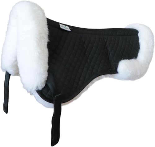 Woolous Sheepskin Half Pad, Thick Lambskin Fleece Wool Lined Half Pad for English Saddle, Shock Absorbing Saddle Pad for Horse Comfort and Back Support (Black-White)