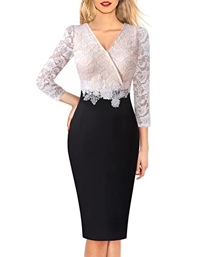 VFSHOW Womens Floral Lace Applique Waist V Neck 3/4 Sleeve Colorblock Cocktail Bodycon Dress