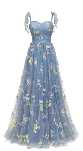 Cinderella Prom Dresses for Women 2024 Long Ball Gown Tulle Flower Embroidery Formal Dresses A-Line Sweetheart Daisy Butterfly Evening Gowns Blue us4