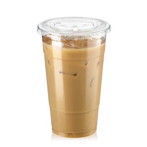 Fit Meal Prep 100 Pack 24 oz Clear Plastic Cups with Flat Lids, D...