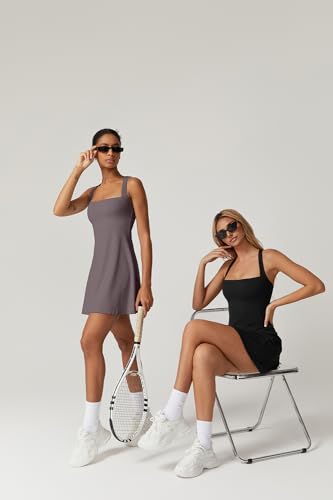 QINSEN Womens Square Neck Tennis Dress Sleeveless Built in Shorts Golf Athletic Dress with Pockets