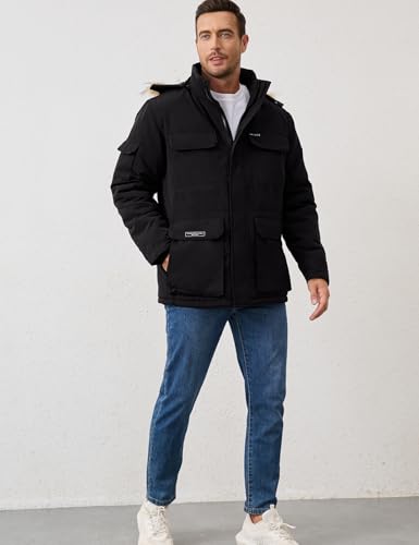 Men’s Hooded Puffer Jacket Winter Warm Quilted Parka Windbreaker Multi-Pockets Padded Coat with Faux Fur Removable Hood3