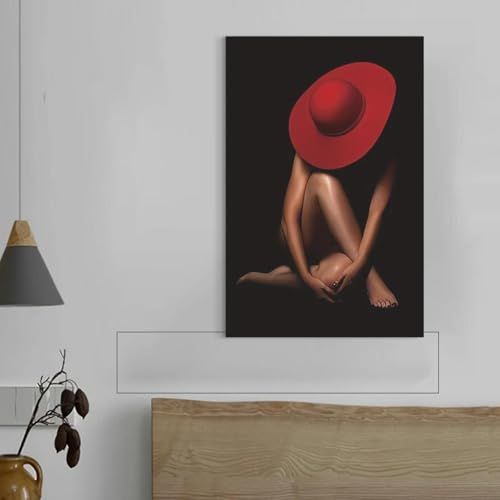 Art mural moderne femme chapeau rouge - Solution déco pour habiller un mur vide de salon