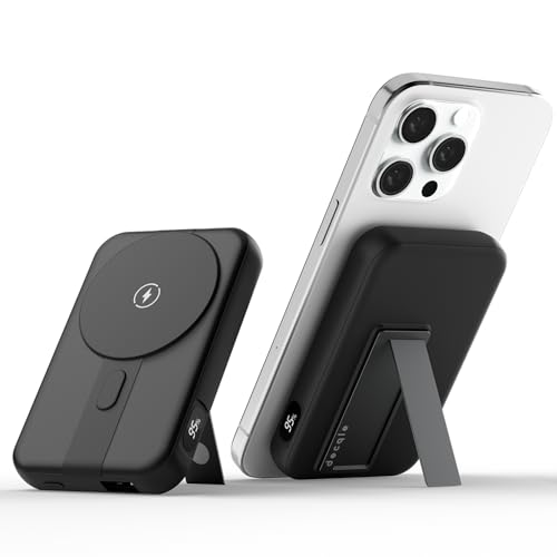 Decqle 001 magnetiskt externt batteri, trådlös powerbank, 10000 mAh, vikbart stativbatteri, bärbar laddare, kompatibel med MagSafe för iPhone 12-17-serien (Svart)