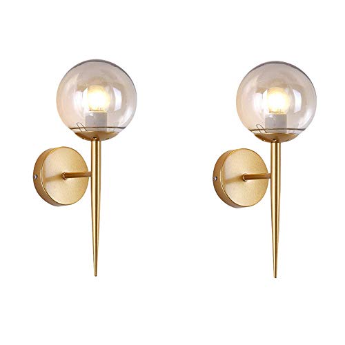 Buy 1 get 1 🔥 BOKT Mid Century Bathroom Vanity Wall Light Globe Wall Sconce Brass Wall Mount Light Bedside Wall Lamp Art Decor Lights for Living Room Dinning Room(Amber Shade, 2 Pack)