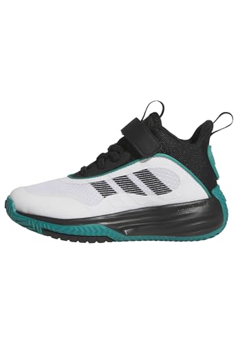 adidas Own The Game 3.0 Mid Top Elastic Lace & Strap Basketball Sneaker, White/Black/Pure Teal, 5.5 US Unisex Big Kid