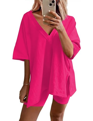 Image of Ekouaer Womens Pajamas 2 Piece Lounge Sets Oversized V Neck T-Shirts Tops Biker Shorts Set Workout Reversible Tracksuit S-XXL