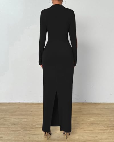 Image of BTFBM Women Bodycon Maxi Dress Long Sleeve Back Slit Ruched Elegant Party Cocktail Formal Fall Wedding Guest Dresses
