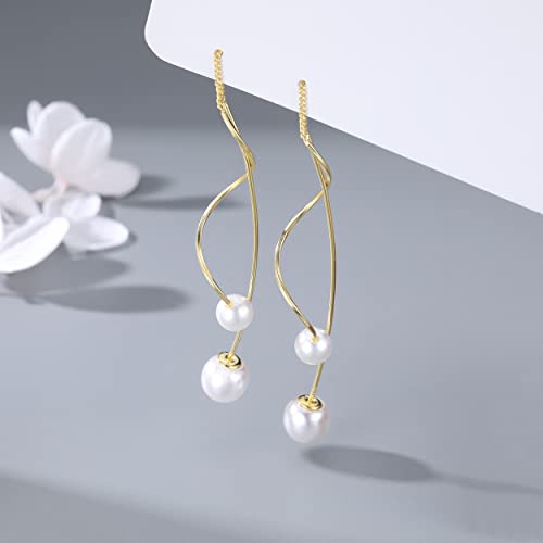 SLUYNZ Sterling Silver Pearls Dangle Earrings Curve Chain for Women Girls Pearls Threader Wedding Earrings for Brides4