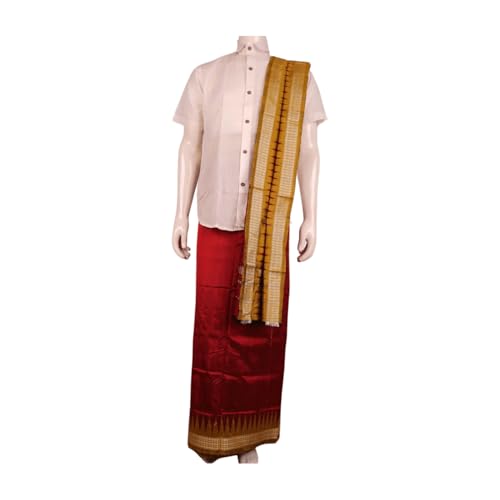 Image of Authentic Sambalpuri Handloom Cotton Unstitched Dhoti with Utari for Men | Traditional Odisha Weave Ikat Dhoti for Festive & Religious Wear