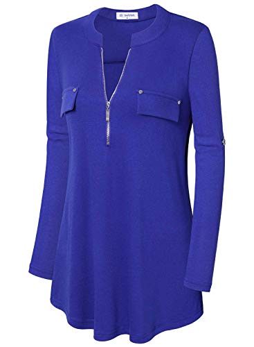 Image of Bulotus 3 /4 Length Sleeve Womens Striped Tops Zipper V Neck Collared Blouses Business Casual Tunics 2026 Spring Trendy