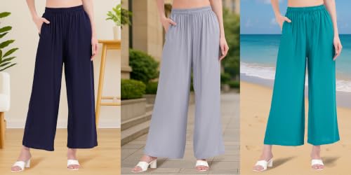 Image of Buy That Trendz Palazzo Pants for Women Rayon Elasticated Regular Fit Flared Wide Leg M to 6XL Pack of 3