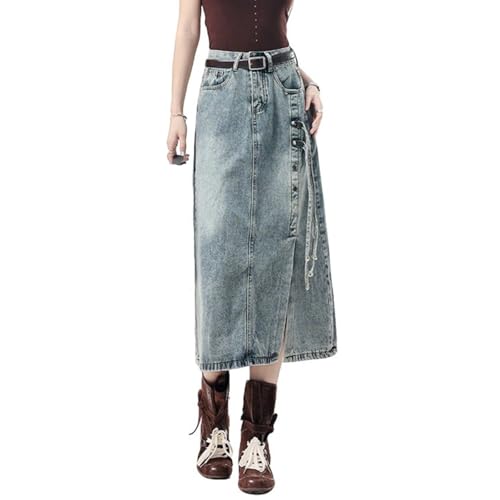 Womens Side Slit Denim Skirt High Waist Straight Tassel Irregular Vintage A-Line Denim Skirts with Pockets