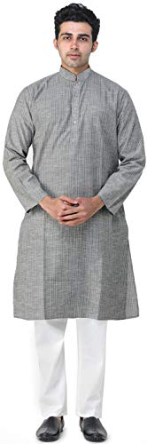 Photo de Exotic India Martini-Olive Kurta Ensemble pyjama avec rayures tissées Vert - Vert - 38 cm